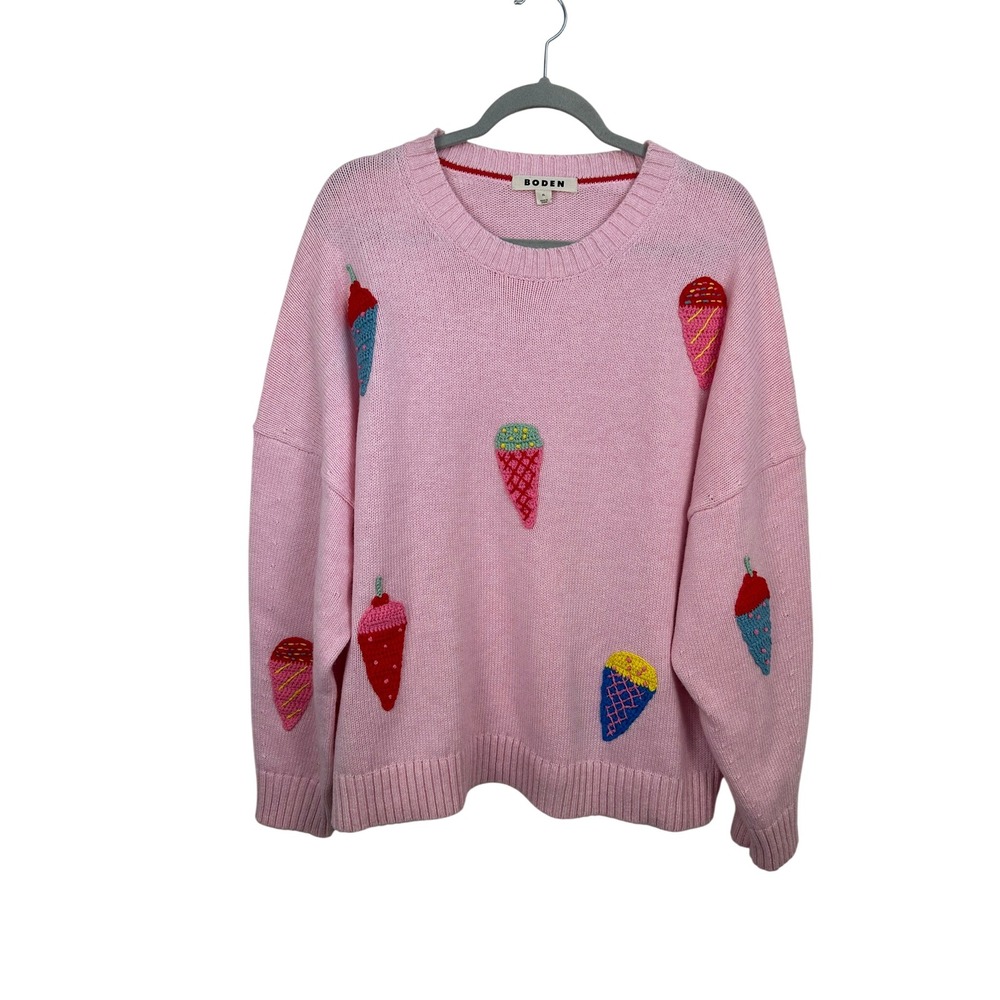 Boden Natalie Embroidered Jumper Women XL Pink Excellent Ice Cream Wool Blend